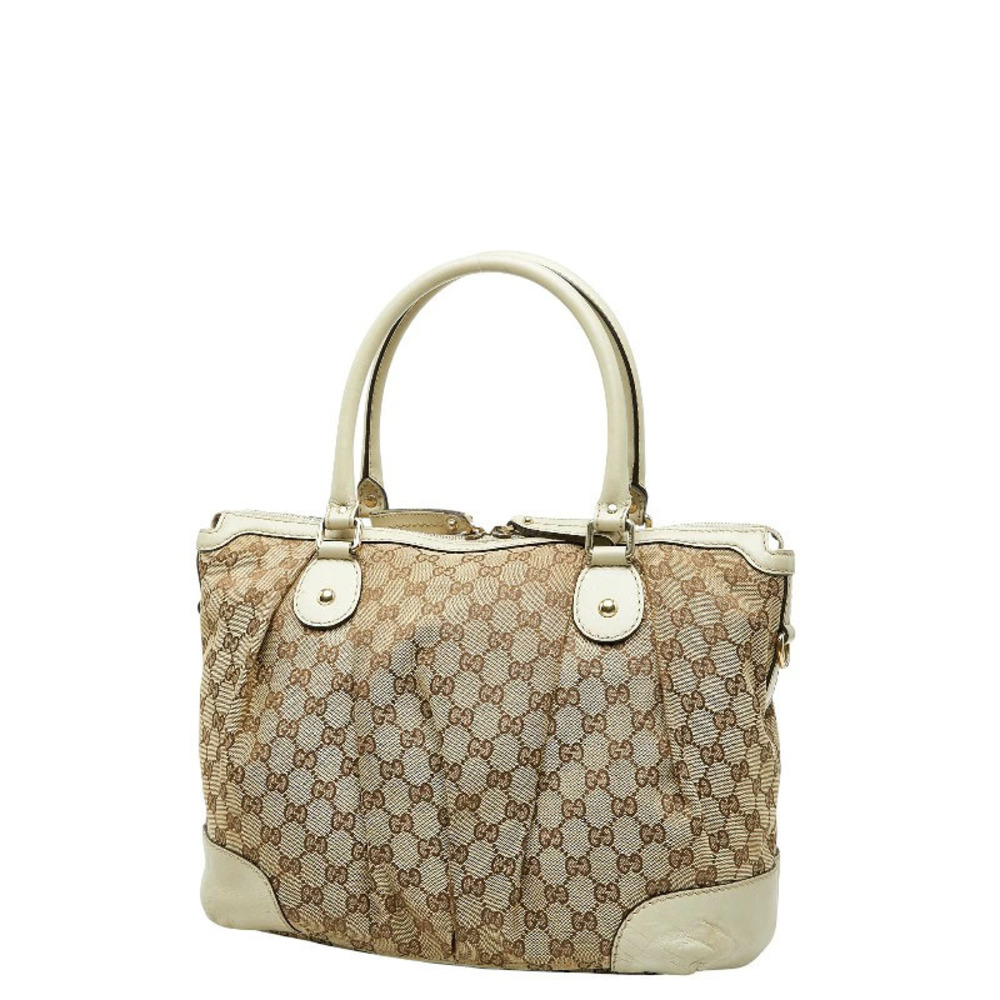 Gucci Sukey GG Beige Bag Tote Leather Canvas Shoulder Brown Tan Brown